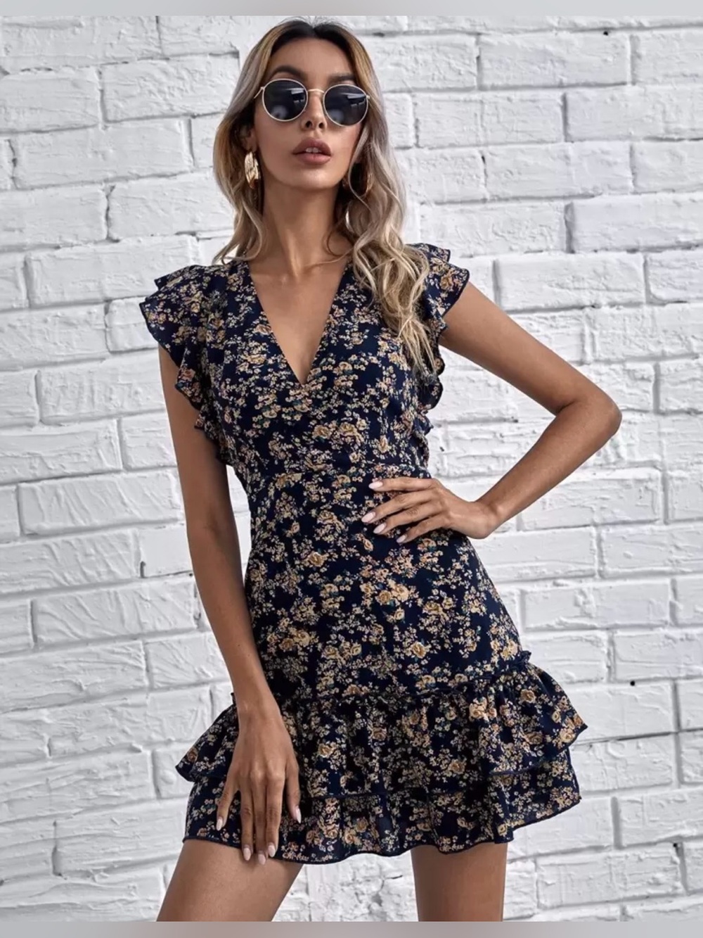 Floerns Tie Backless Ruffle Armhole Layered Hem Ditsy Floral Dress Size XL